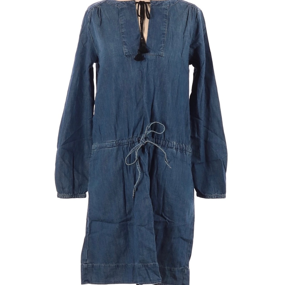 GAP 1069 Chambray Cotton Dress Drawstring Tie Neck with pockets Size XS